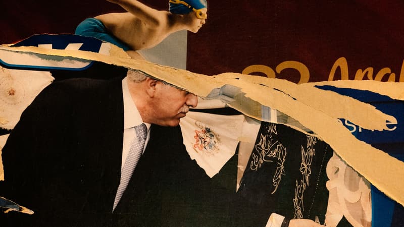 Layered torn paper textures and photographic fragments assembled into an abstract human face, with visible scissors and glue